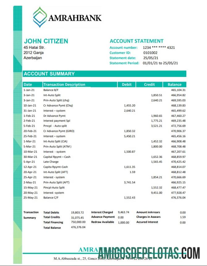 Extrato bancário em branco do Azerbaijão Amrahbank modelo fácil de preencher em formato Excel e PDF